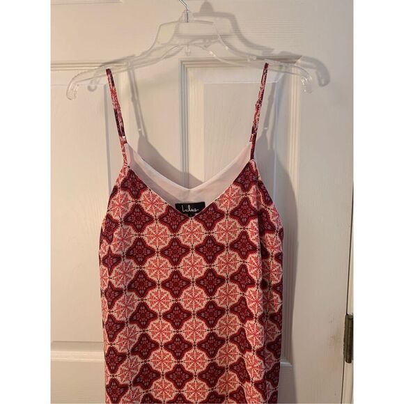 LULUS SLIP DRESS SPAGHETTI STRAPS V NECK BOHO CORAL/RED/WHITE OFFICE SIREN SZ L - Picture 3 of 13